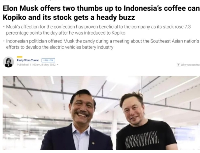 Usai Dicicipi Elon Musk, Kopiko Ramai di Pemberitaan Media Luar Negeri