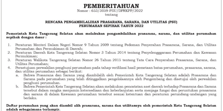 Pengumuman Rencana Pengambilalihan Prasarana, Sarana, dan Utilitas (PSU) Perumahan Sepihak 2022 Kota Tangerang Selatan 1 Kota Tangerang Selatan