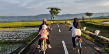 WISATA BANYUMAS: Para pesepeda menikmati suasana pagi menelusuri jalan-jalan desa di tengah hamparan sawah dengan latar Gunung Slamet di Banyumas, Jawa Tengah. (FOTO: Dok/ITF-Banyumas)