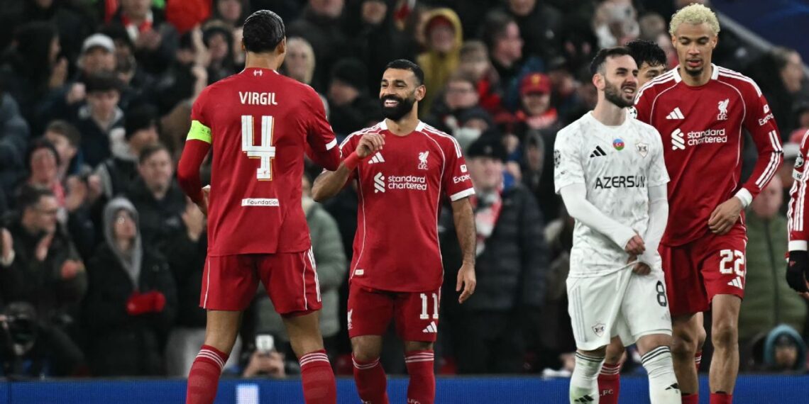 KEMENANGAN TELAK: Mohamed Salah merayakan golnya saat menjamu Qarabag pada matchday 8 league phase Liga Champions 2025/2026 di Anfield, Liverpool, United Kingdom, Kamis (29/1/2026) dini hari. (Foto: ESPN)