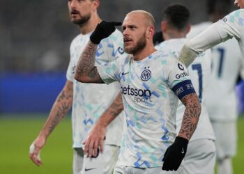 PERFORMA ELITE: Bek Inter Milan Federico Dimarco semakin agresif. (Foto: (c) AP Photo/Martin Meissner)