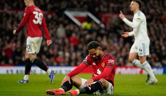 KANDAS DI KANDANG: Matheus Cunha dalam laga Manchester United vs Leeds United di Premier League 2025/2026 pada Selasa (14/4/2026). (Foto: (c) AP Photo/Dave Thompson)