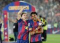 KONTRIBUSI BESAR: Dua pemain Barcelona, Gavi dan Lamine Yamal, merayakan kemenangan atas Real Madrid yang memastikan gelar juara La Liga/Liga Spanyol pada 10 Mei 2026. (Foto Ilustrasi: (c) AP Photo/Joan Monfort)