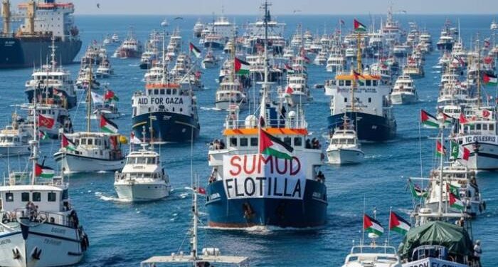 BANTUAN KEMANUSIAAN: Sebanyak 41 dari sekitar 45 kapal aktivis yang tergabung dalam Global Sumud Flotila (GSF) dicegat AL Israel dan 400-an aktivis diangkut ke pelabuhan Ashdod, Israel untuk dideportasi. (Foto Ilustrasi: kbknews.id)