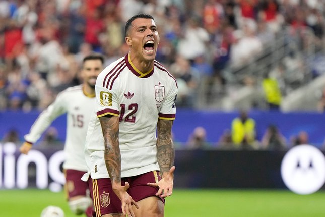 TUNGGU FINAL: Pemain Spanyol Pedro Porro bereaksi setelah mencetak gol dalam laga semifinal Piala Dunia 2026 antara Prancis vs Spanyol di Arlington, Texas, dekat Dallas pada Senin (14/7/2026). (Foto: (c) AP Photo/Ashley Landis)