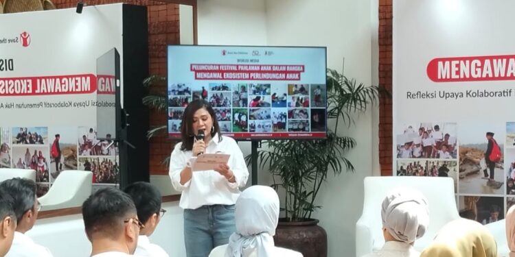 HAK ANAK: Yayasan nirlaba bidang pemenuhan hak dan perlindungan anak, Save The Children Indonesia, menggelar diskusi media bertajuk Mengawal Ekosistem Perlindungan Hak, Refleksi Upaya Kolaboratif Pemenuhan Hak Anak di Indonesia di TAMU Restaurant, Jakarta Selatan pada Selasa (14/7/2026). (FOTO: WAYTRI/KORANINDOPOS.COM)