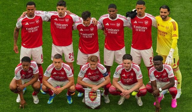 TANTANGAN BERAT: Para pemain Arsenal berpose sebelum pertandingan final Liga Champions melawan PSG di Budapest, Hungaria, Sabtu (30/5/2026) malam. (Foto: (c) AP Photo/Vadim Ghirda)