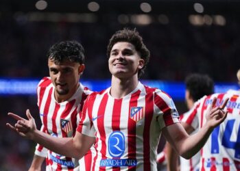 PEMAIN ANDALAN: Selebrasi penyerang Atletico Madrid, Julian Alvarez, usai mencetak gol ke gawang Arsenal di leg pertama semifinal Liga Champions pada 30 April 2026. (Foto: (c) AP Photo/Manu Fernandez)
