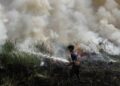 Malaysia Tutup 600 Sekolah Sementara Karena Terdampak Karhutla Kalimantan 10 KEBAKARAN LAHAN: Petugas memadamkan api yang melahap hutan dan lahan di Kalimantan. (ANTARA FOTO/AULIYA RAHMAN)