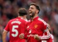 AKSI SELEBRASI: Pemain Manchester United Bruno Fernandes merayakan gol dalam laga Premier League Inggris antara Man Utd vs Ipswich Town di Manchester, Inggris pada Minggu (30/8/2026). (Foto: (c) AP Photo/Dave Thompson)