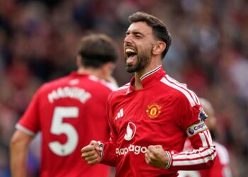 AKSI SELEBRASI: Pemain Manchester United Bruno Fernandes merayakan gol dalam laga Premier League Inggris antara Man Utd vs Ipswich Town di Manchester, Inggris pada Minggu (30/8/2026). (Foto: (c) AP Photo/Dave Thompson)