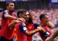 SKUAD LAMA: Pemain Spanyol, Pedro Porro, (kanan), merayakan gol bersama rekan-rekannya saat menghadapi Austria di Piala Dunia 2026 pada Jumat (3/7/2026). (Foto: (c) AP Photo/Mark J. Terrill)