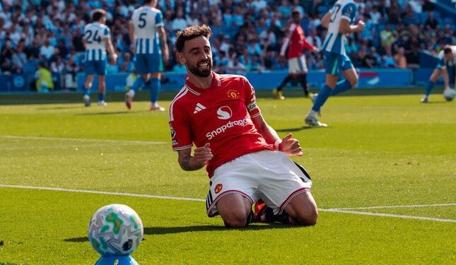 ANAK EMAS: Selebrasi Bruno Fernandes usai membobol gawang Brighton pada Minggu (24/5/2026). (Foto: (c) MUFC Official)